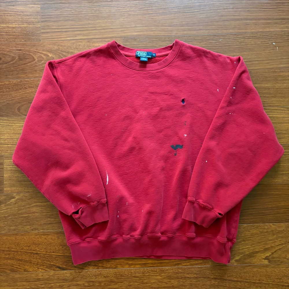 Polo Ralph Lauren Mens Crewneck Sweatshirt XL Red Distressed Paint Splatter 90s
